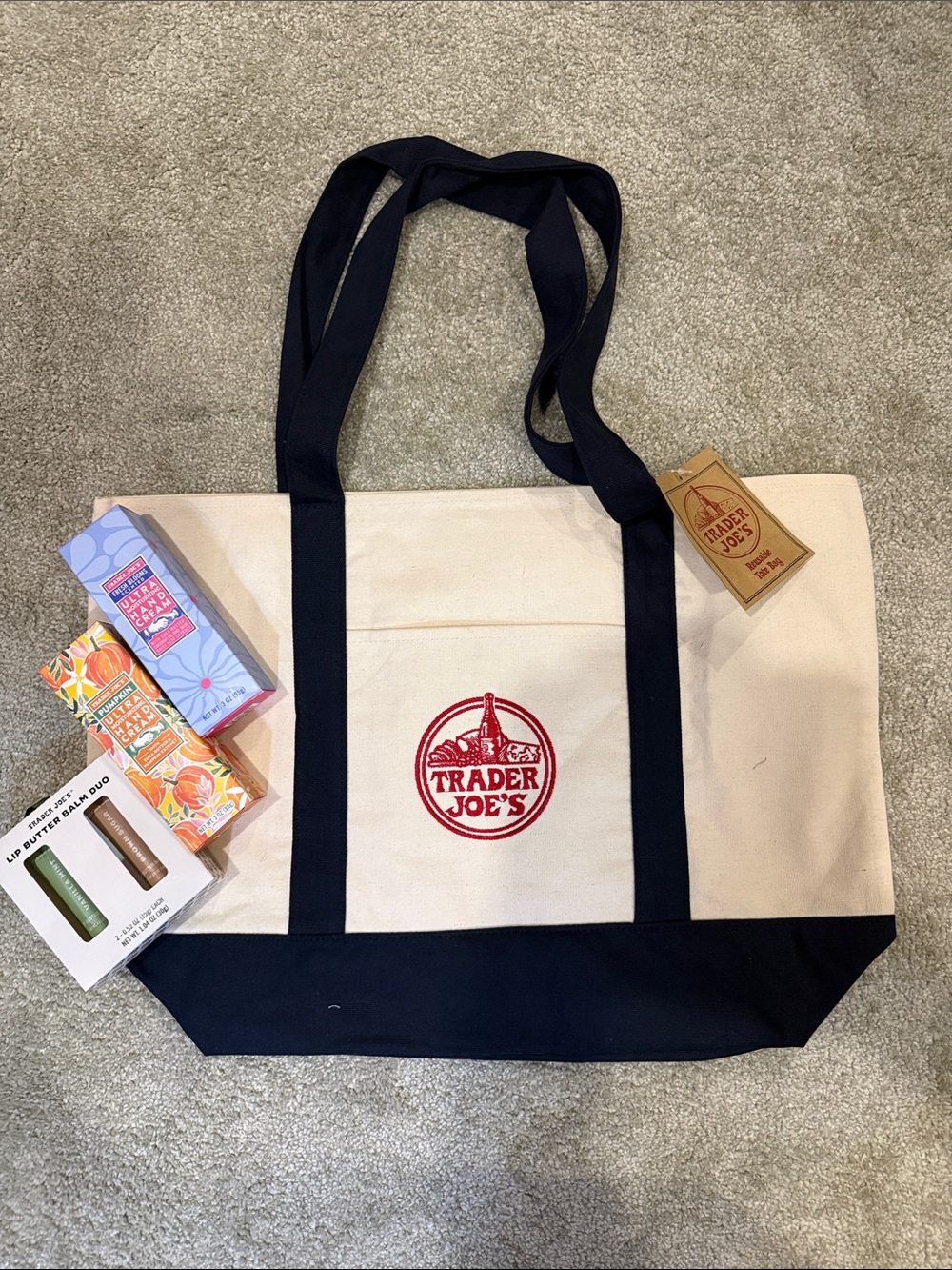 Trader Joe’s Canvas Bag, 2 Packs of Ultra Moisturizing Hand Cream & Lip Balm Duo